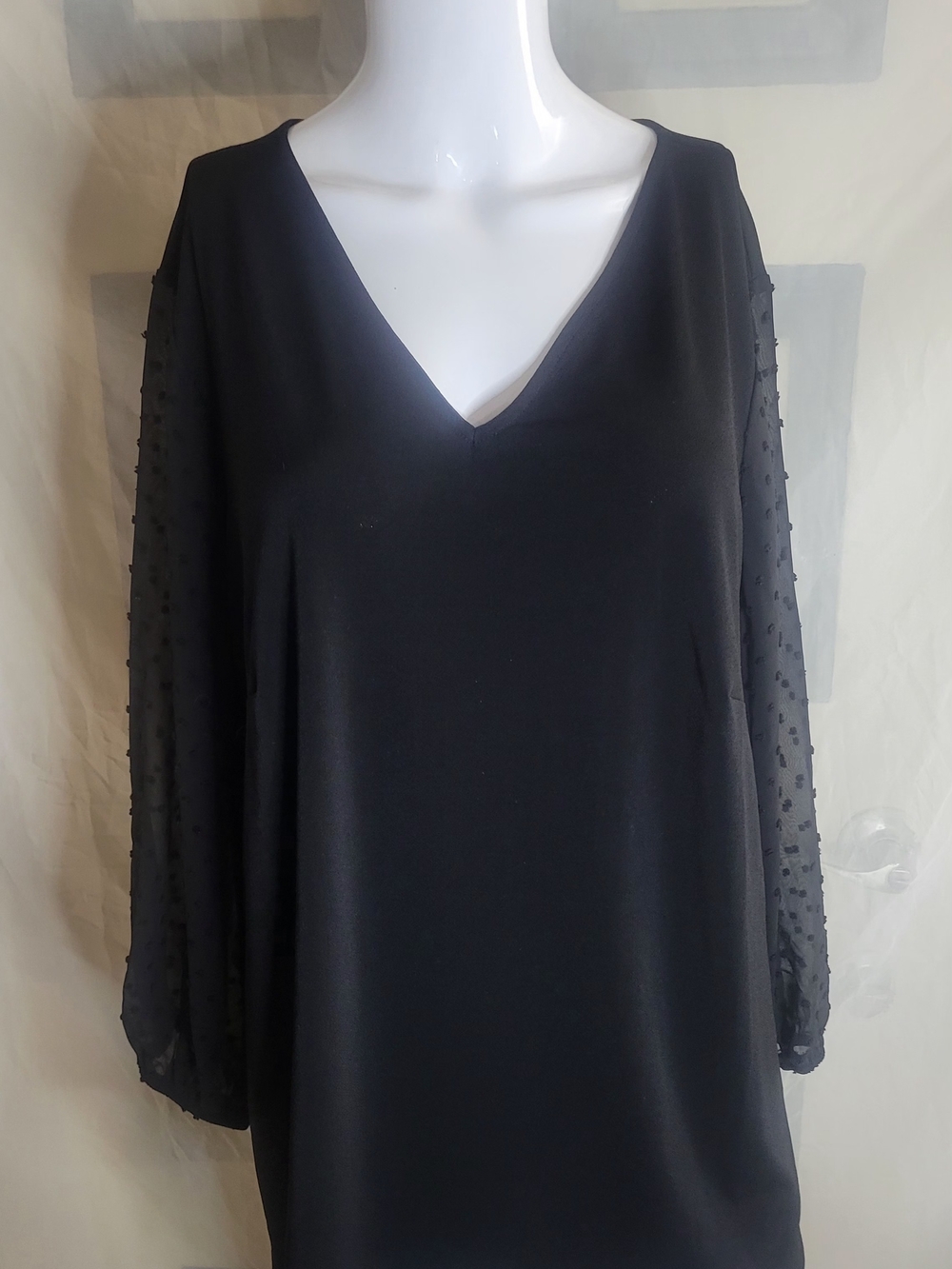 Adrianna Papell Black V-Neck Long Sleeve Dress with Sheer Dot Sleeves